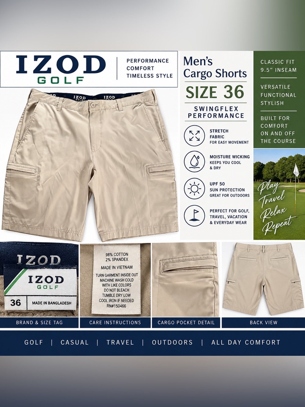 IZOD Golf Swingflex Cargo Shorts Men’s 36 Khaki 9.5” Performance